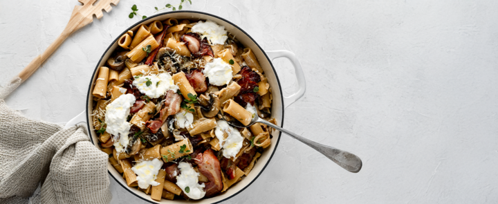 Creamy french onion pasta with crispy bacon image recipe