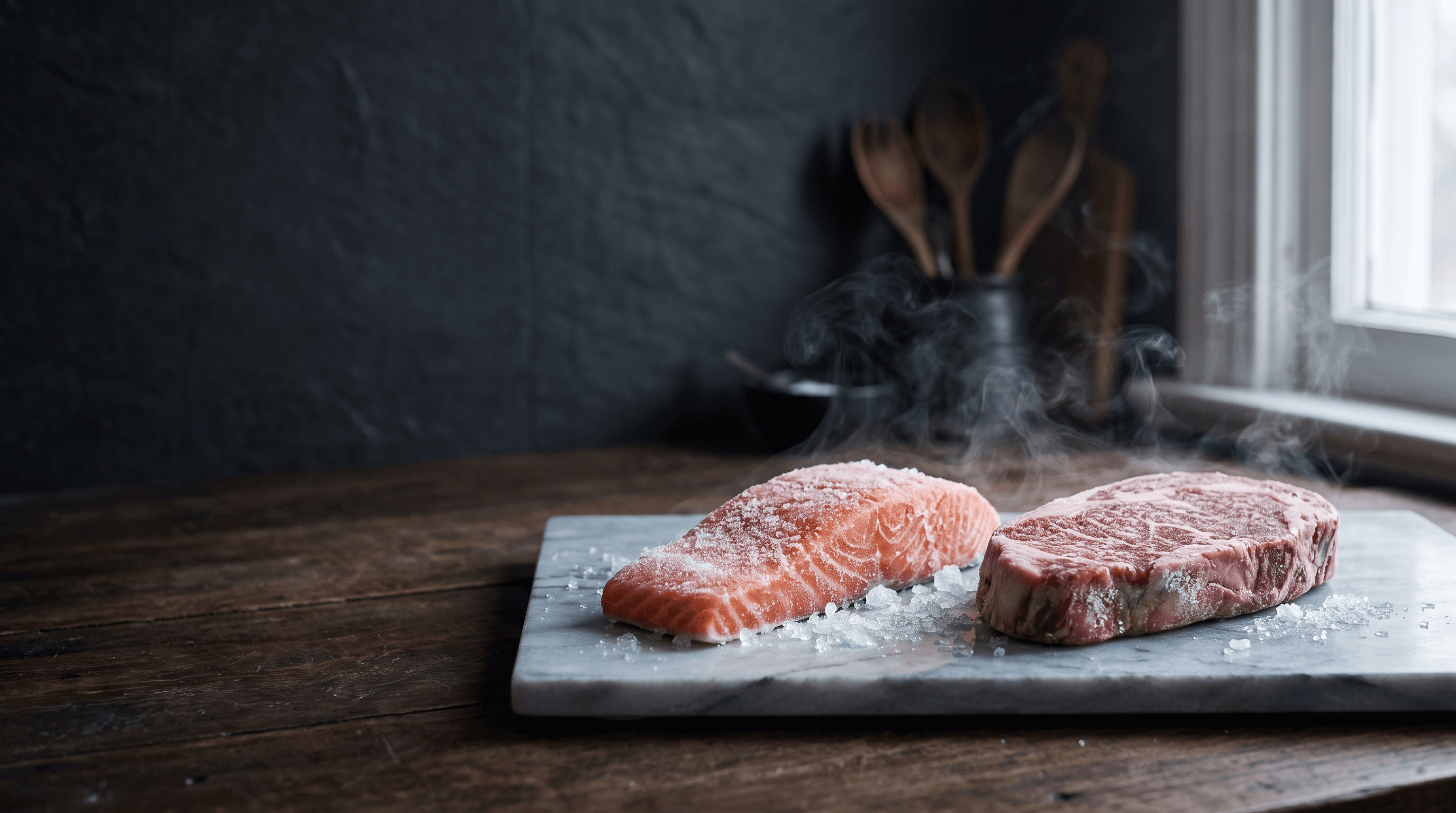 Rapid-frozen wild-caught salmon fillet and grass-fed beef steak dusted with frost on a marble board