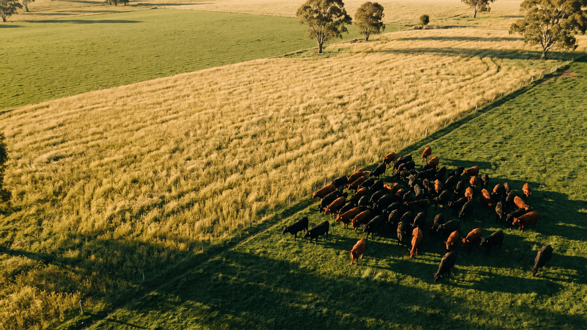 Aerial view of a tight mob of Angus cattle grazing a fresh green strip of Australian pasture, with a fenceline separating them from a tall, seed-headed paddock left to recover