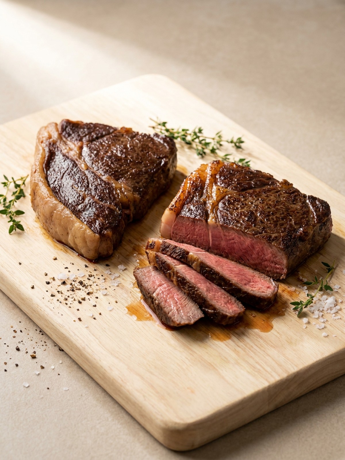 Three grass-fed rump steaks cooked medium-rare on a board, one carved into thick pink slices with chimichurri