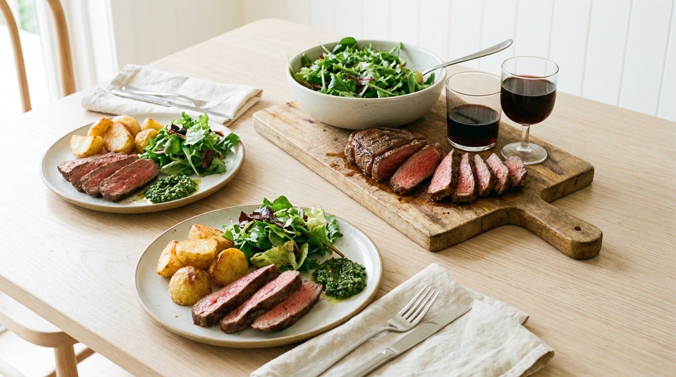A family dinner table of meals made from grass-fed rump: sliced steak, roast potatoes, salad and chimichurri, burgers and tacos