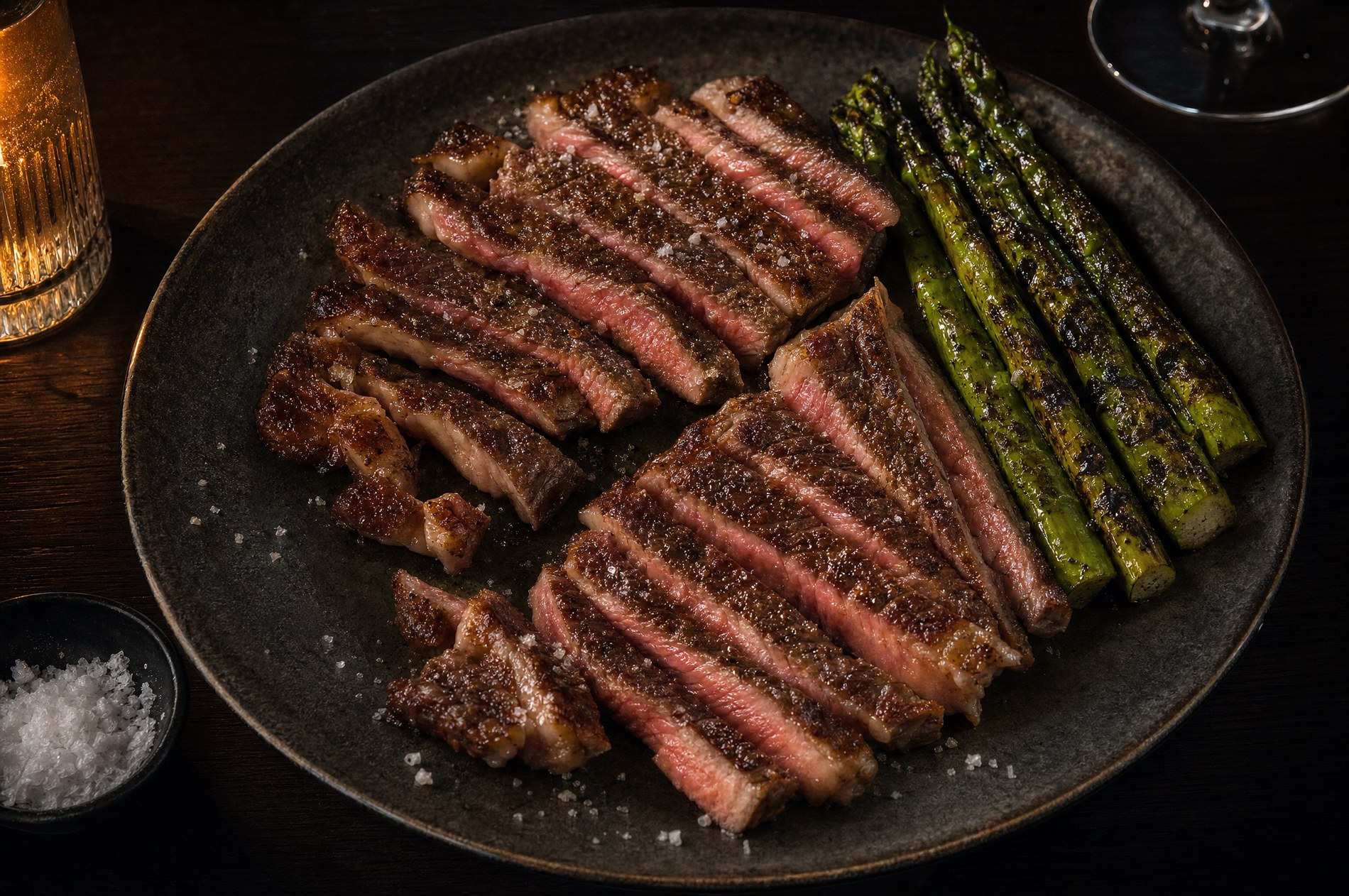 Two grass-fed wagyu porterhouse steaks cooked medium rare and sliced on a dark plate with charred asparagus